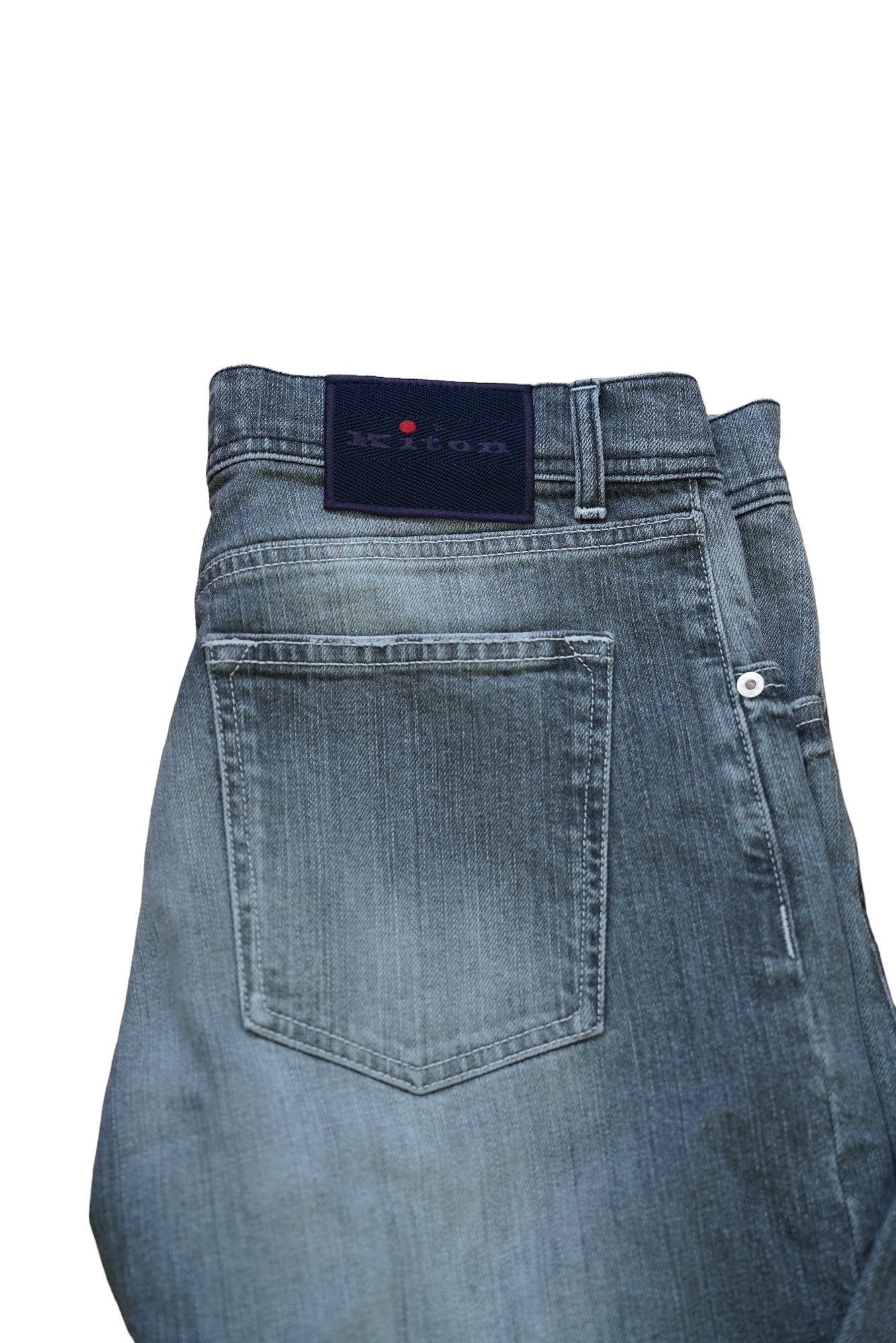 Kiton Jeans gris légèrement délavé Japan Denim détruit détails