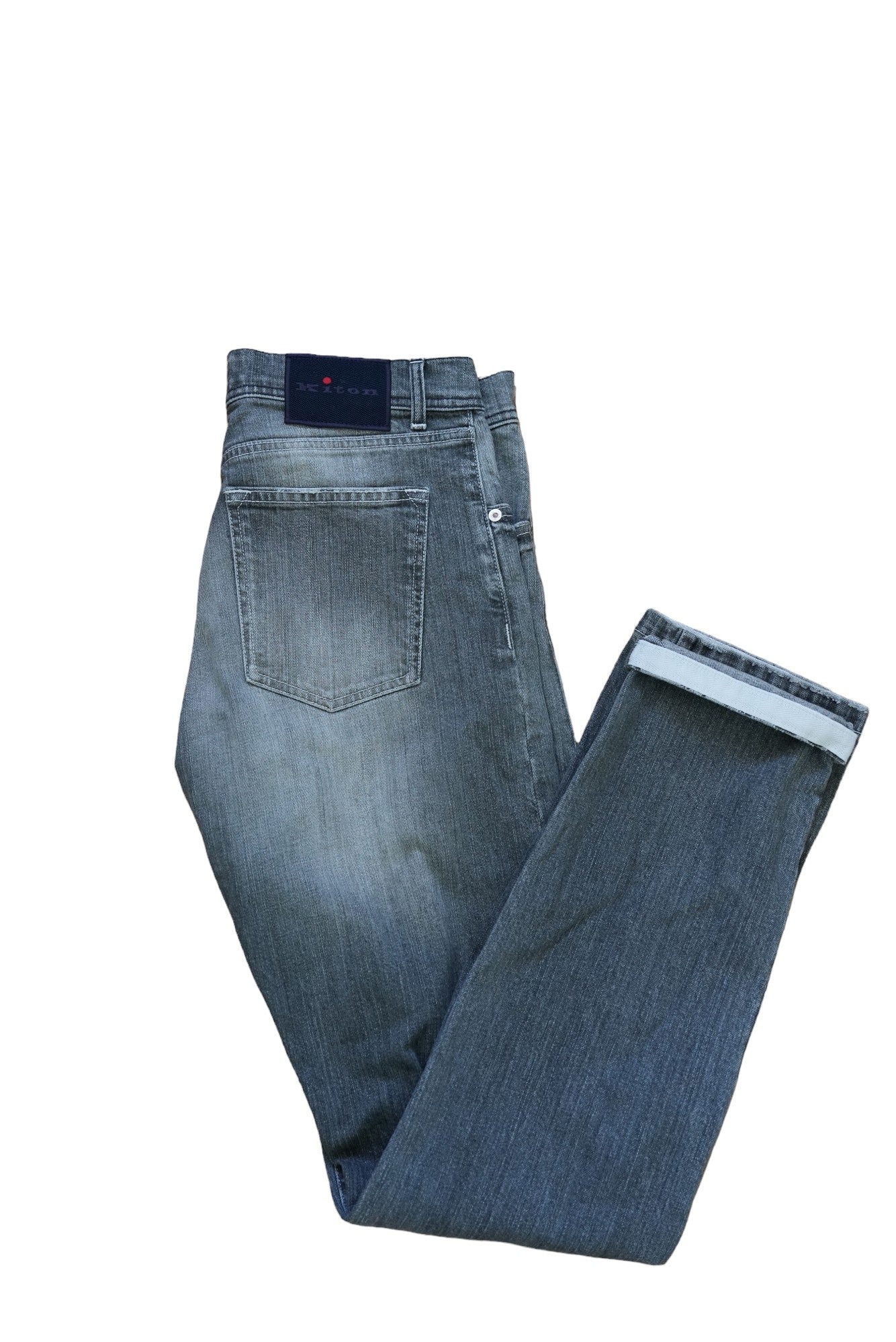 Kiton Jeans gris légèrement délavé Japan Denim détruit détails