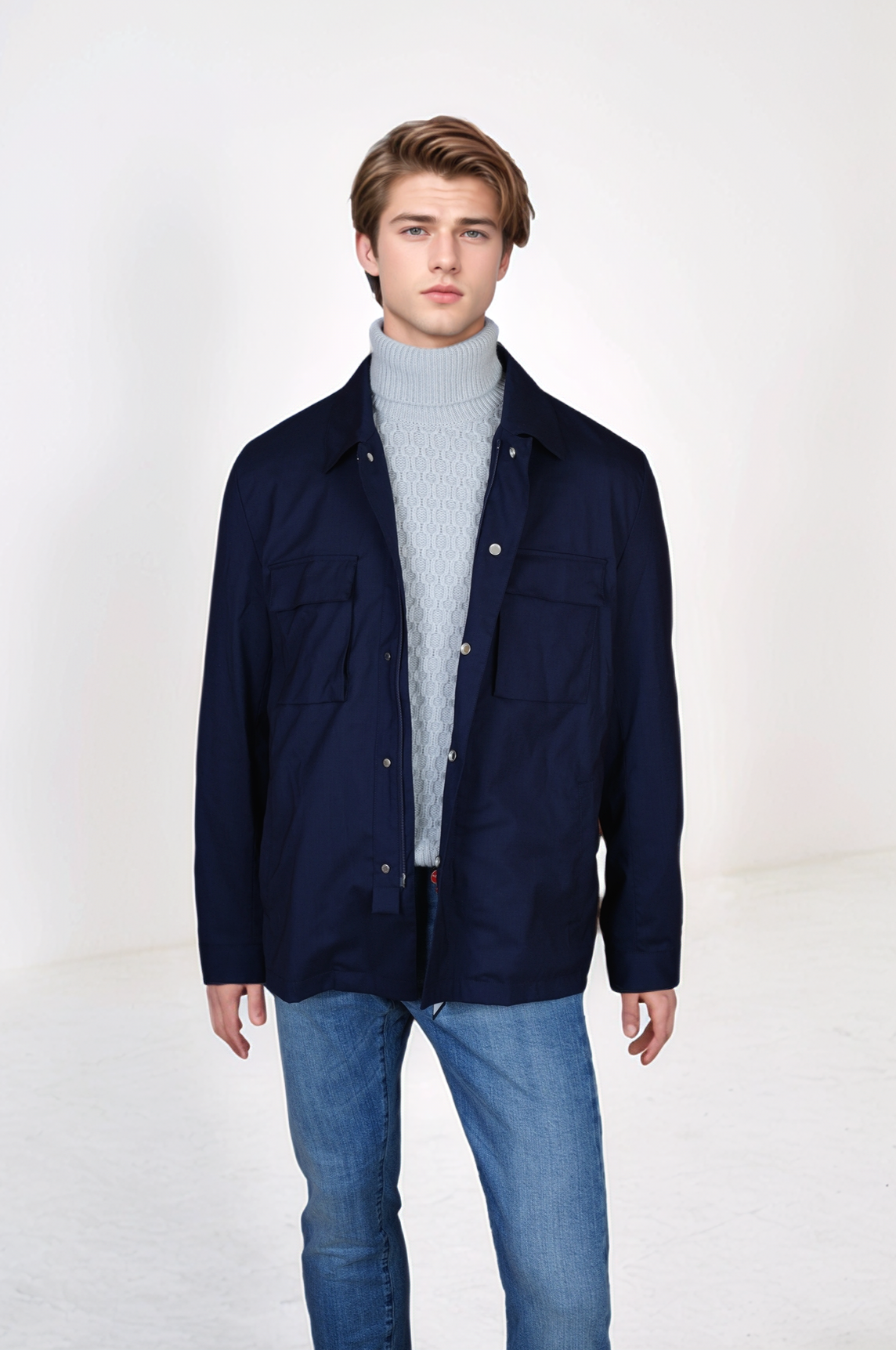 Veste-chemise Kiton Veste homme en laine bleue avec boutons-pression et fermeture éclair dissimulée