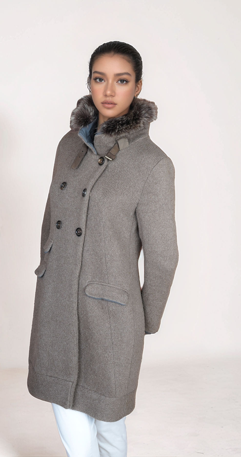 Brunello Cucinelli Manteau Cachemire Femme Marron Incrustation de soie
