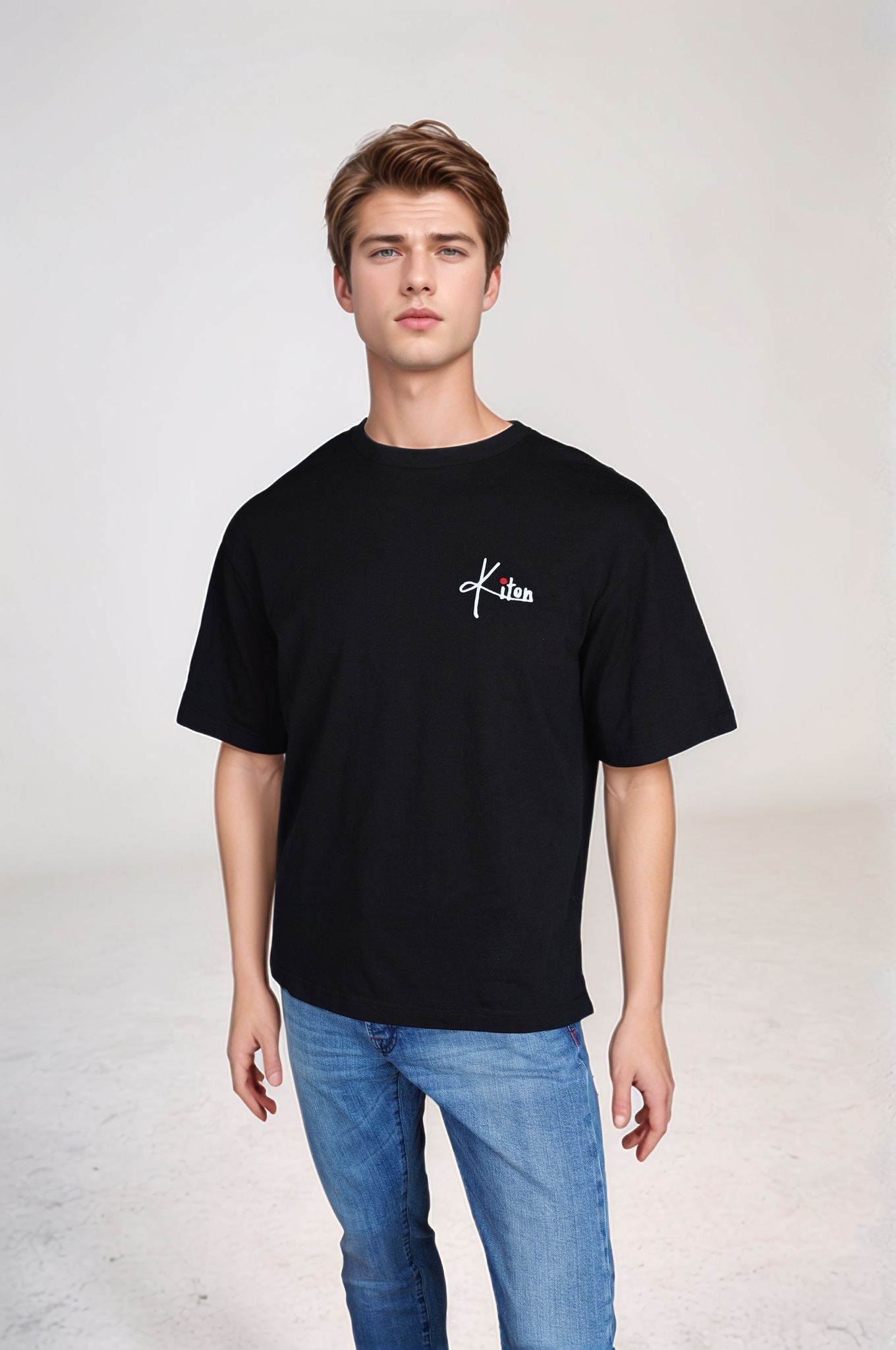 Kiton KNT T-shirt Bleu Coton brodé à la main
