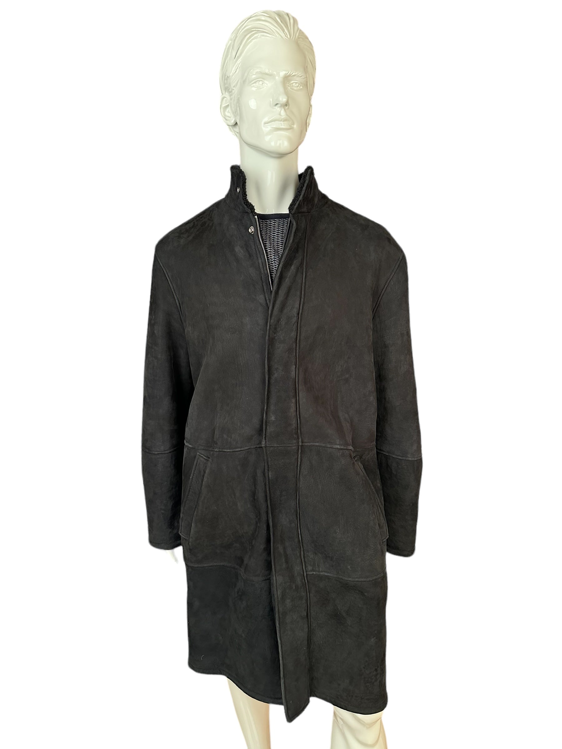 Kiton Coat Leather Long Coat 54 Shearling Lined Men