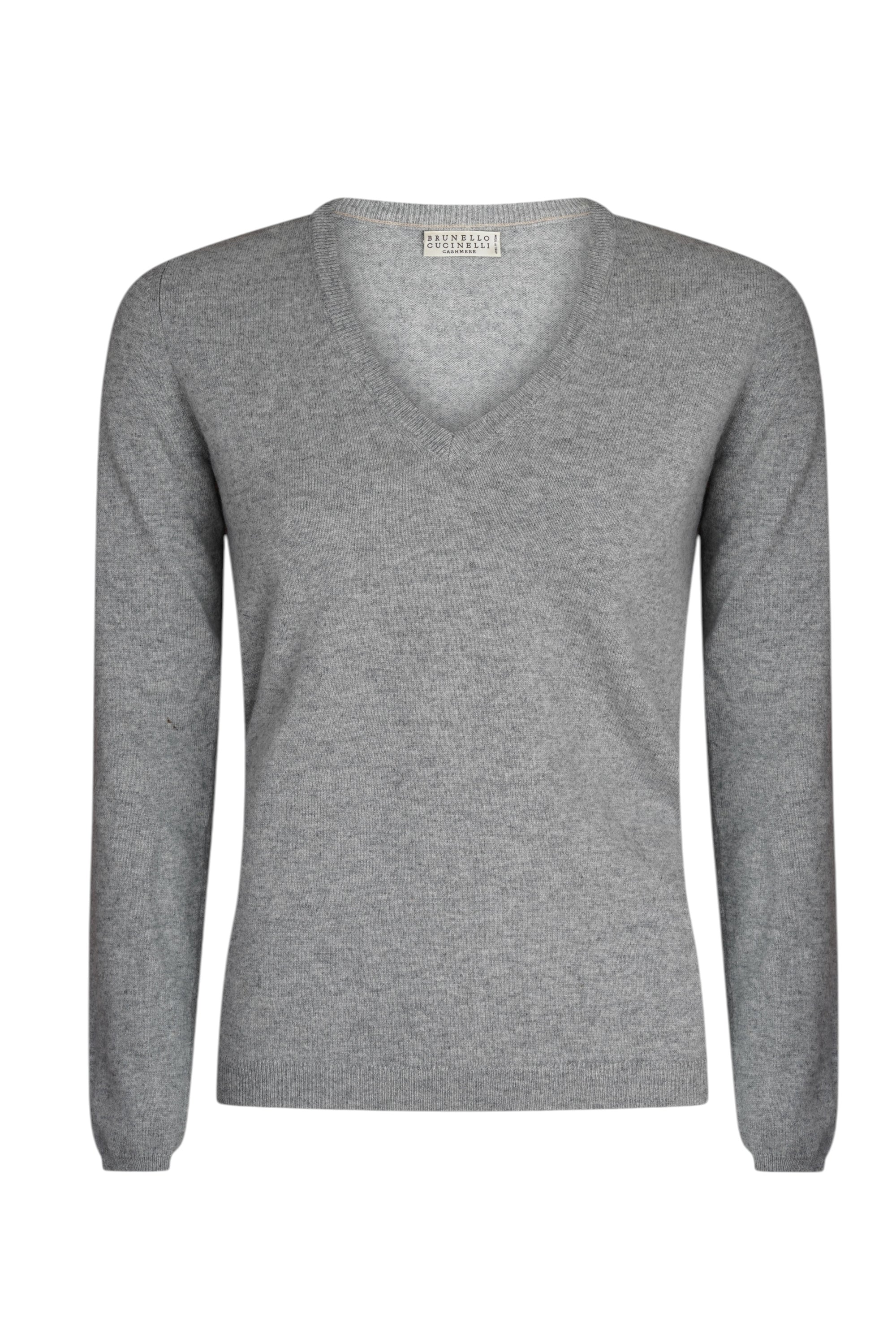 Brunello Cucinelli Pullover Kaschmir V-Neck grau mit Wildleder Armpatches