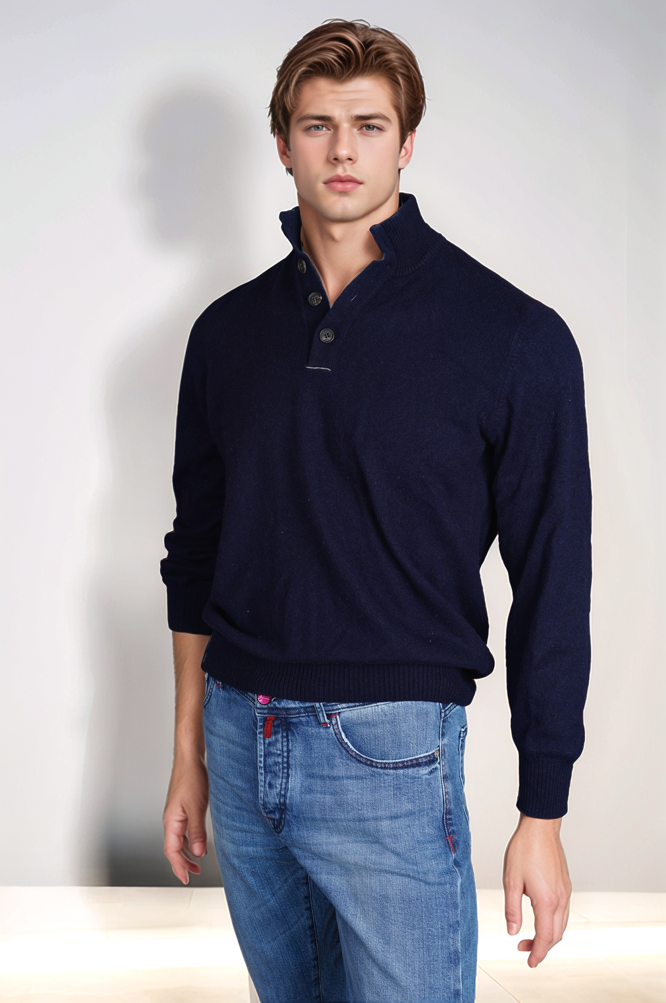 Brunello Cucinelli Pullover aus Kaschmirmischung mit knöpfbarem Kragen blau