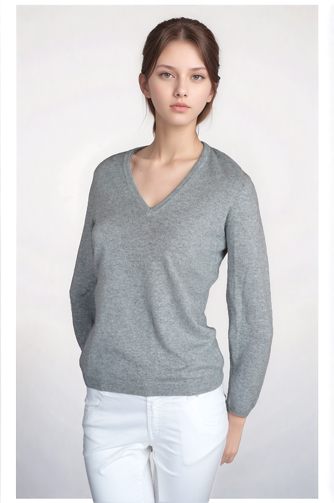 Brunello Cucinelli Pullover Kaschmir V-Neck grau mit Wildleder Armpatches