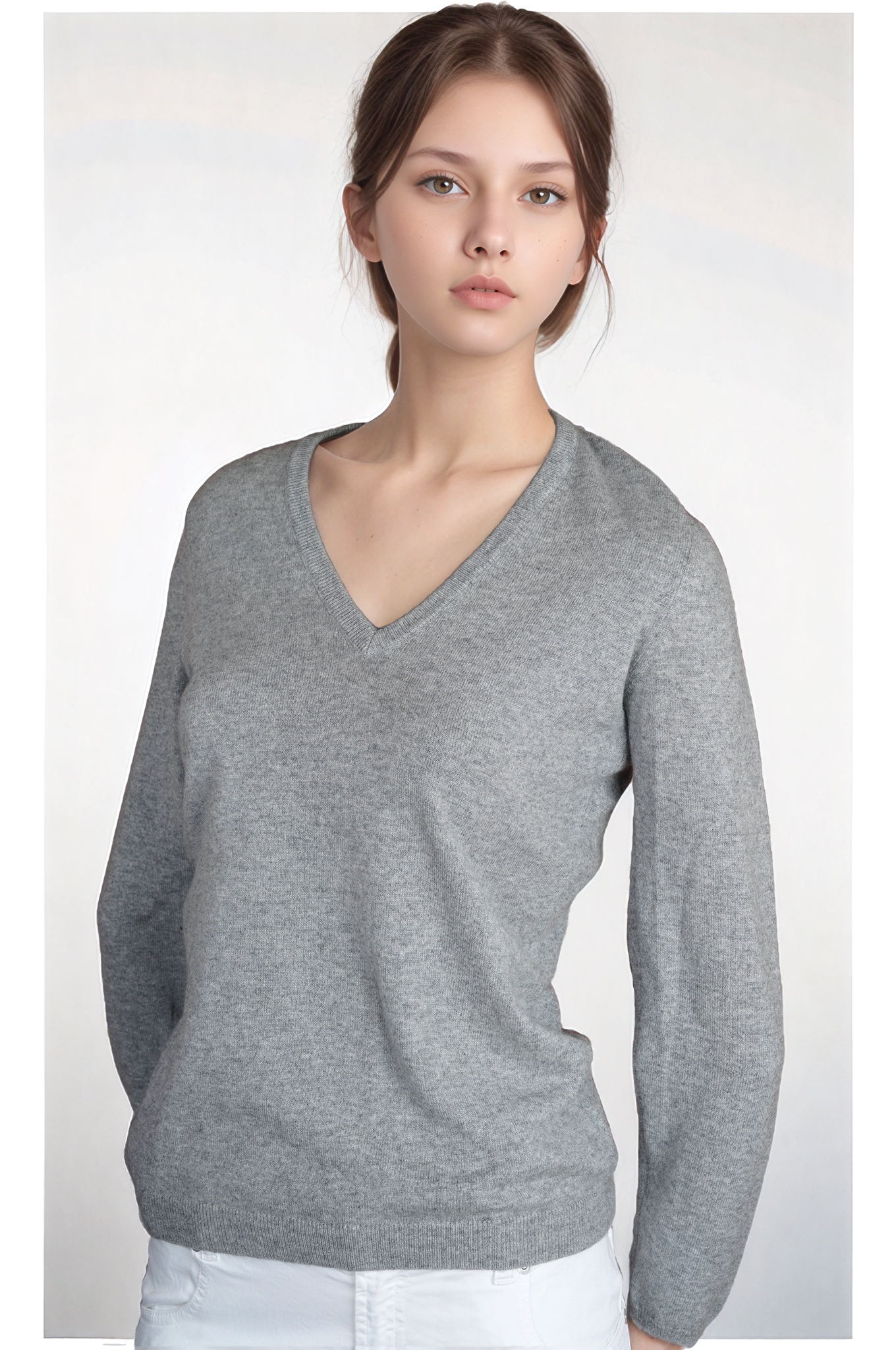 Brunello Cucinelli Pullover Kaschmir V-Neck grau mit Wildleder Armpatches